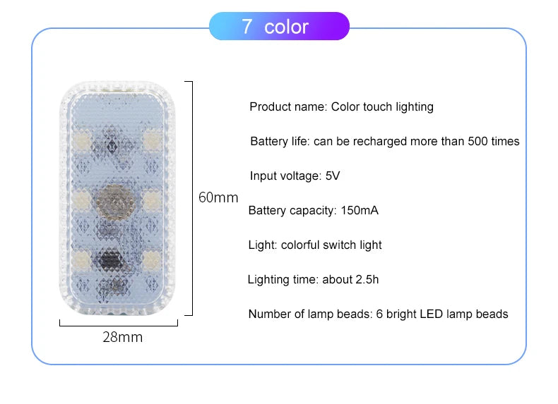LED Touch Light Mini Wireless Car Interior Lighting Auto Roof Ceiling Reading Lamp for Door Foot Trunk Storage Box USB Charging