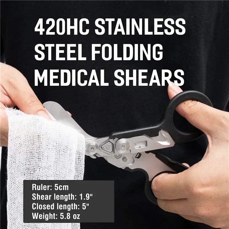 Tactical Medical Scissors — 8-in-1 Emergency Rescue Shear with Seat Belt Cutter & Window Breaker for First Aid & Survival