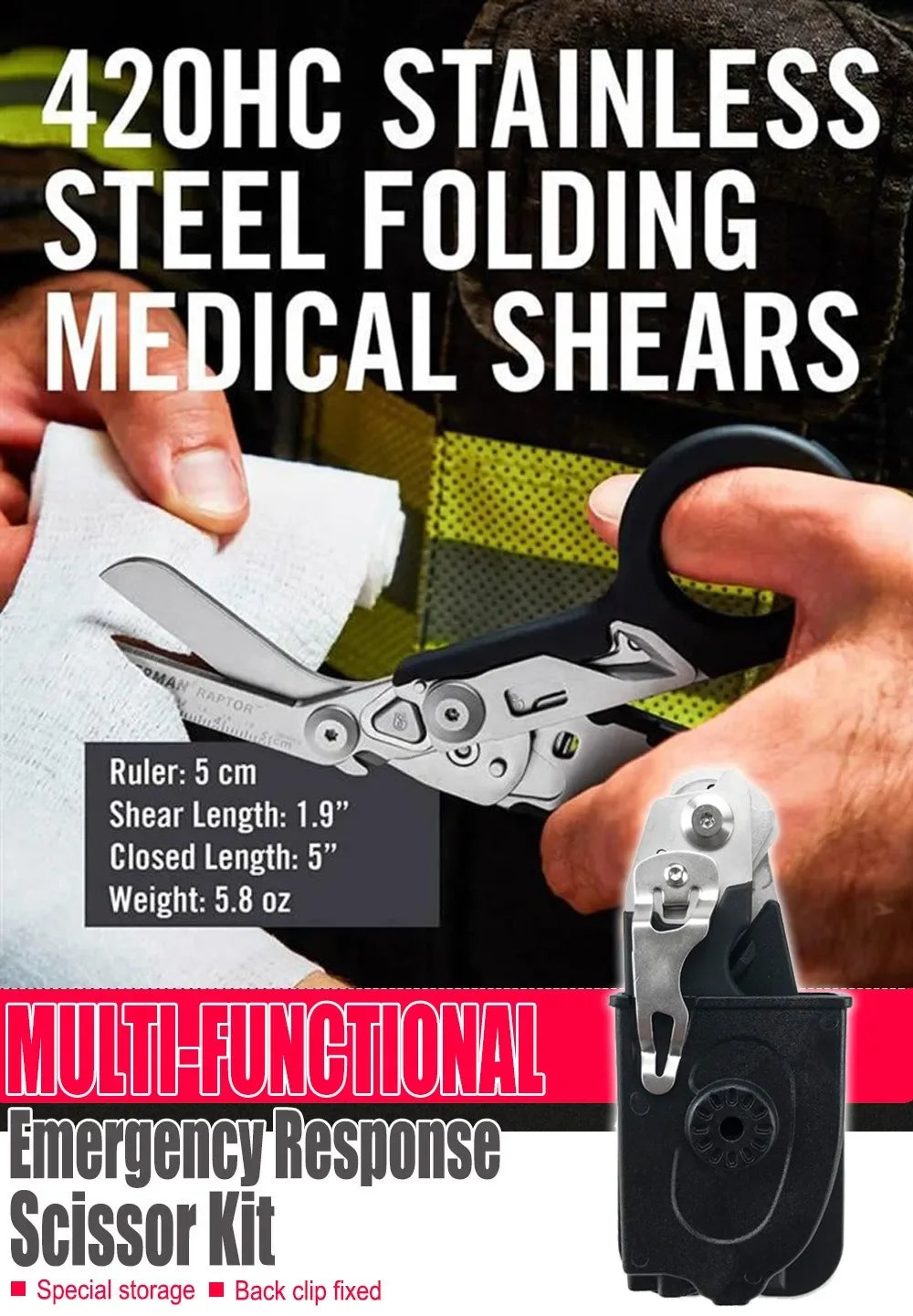 Tactical Medical Scissors — 8-in-1 Emergency Rescue Shear with Seat Belt Cutter & Window Breaker for First Aid & Survival