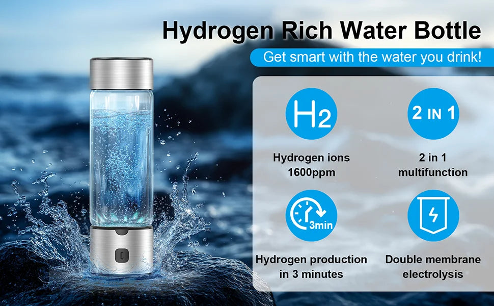 Hydrogen Water Bottle, SPE/PEM Technology Up to 1600PPB Hydrogen  Generator,  for Home, Office, Travel and Fitness Drinking