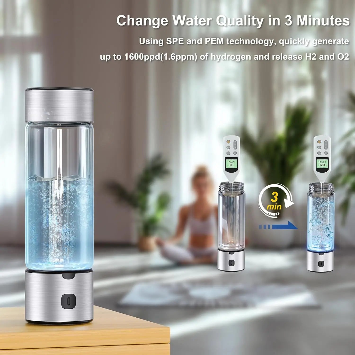Hydrogen Water Bottle, SPE/PEM Technology Up to 1600PPB Hydrogen  Generator,  for Home, Office, Travel and Fitness Drinking