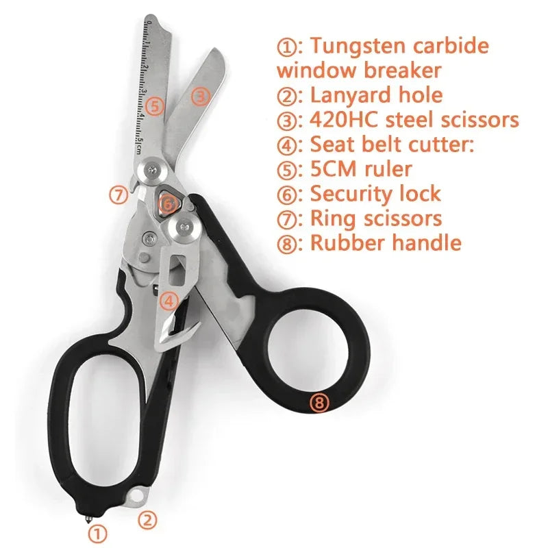 Tactical Medical Scissors — 8-in-1 Emergency Rescue Shear with Seat Belt Cutter & Window Breaker for First Aid & Survival