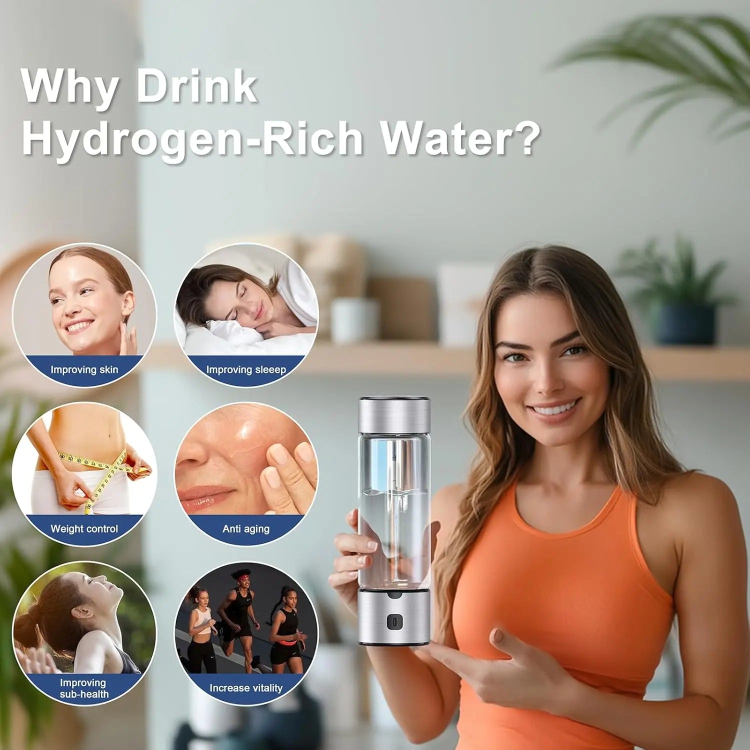 Hydrogen Water Bottle, SPE/PEM Technology Up to 1600PPB Hydrogen  Generator,  for Home, Office, Travel and Fitness Drinking