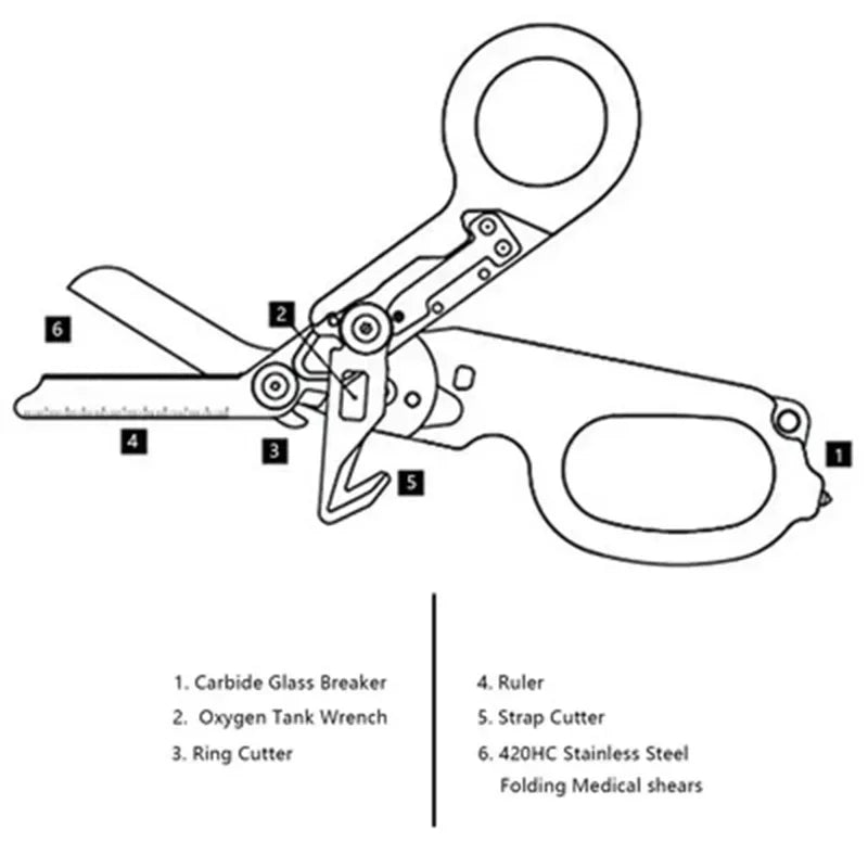 Tactical Medical Scissors — 8-in-1 Emergency Rescue Shear with Seat Belt Cutter & Window Breaker for First Aid & Survival
