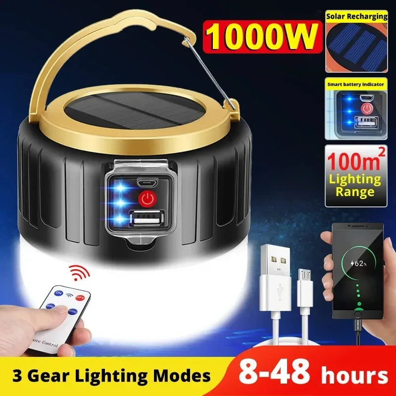 Solar LED Camping Lantern — Power Bank, Remote Control, IP6 Waterproof, SOS Emergency Light