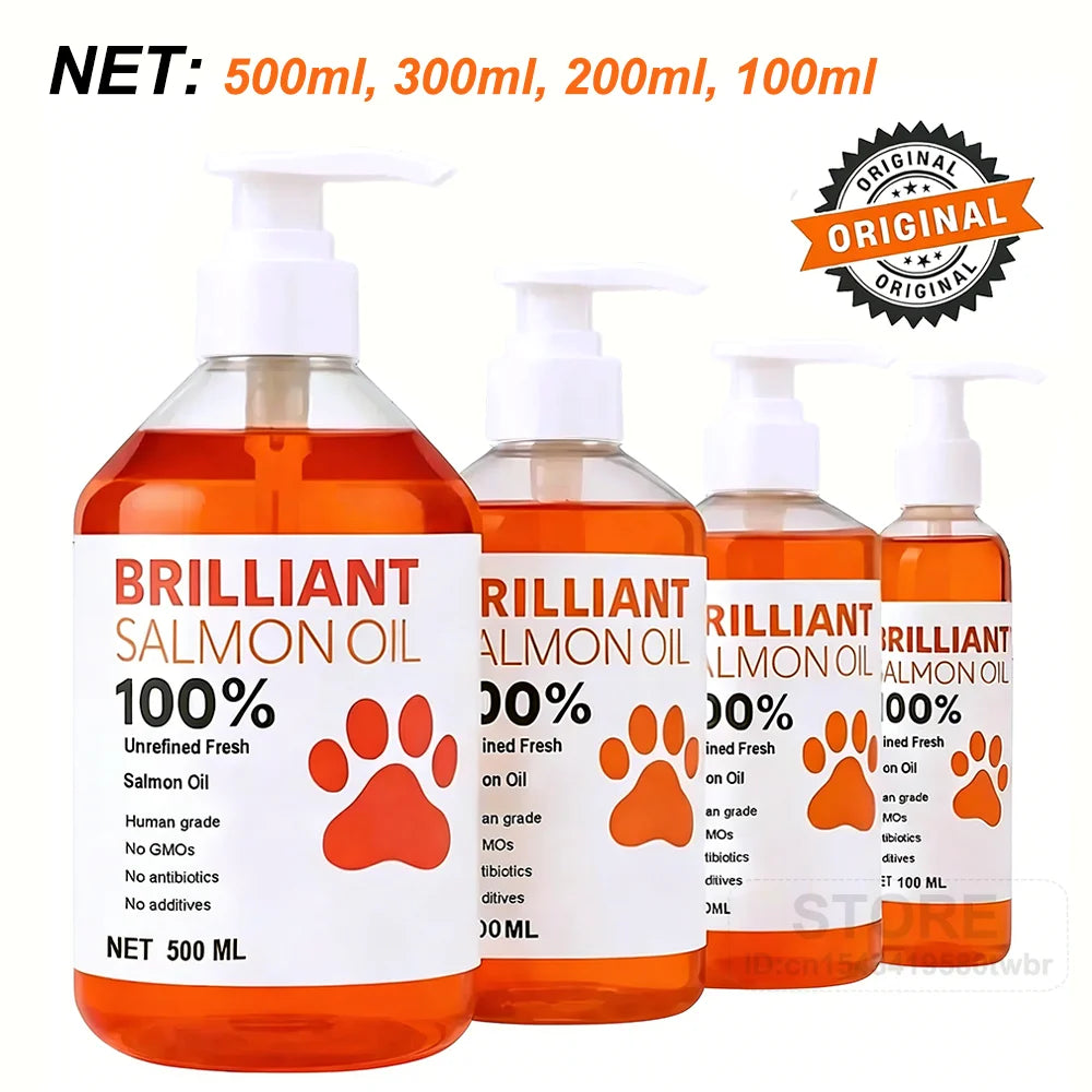 Human-Grade Salmon Oil (500ml, 300ml, 200ml 100ml) for Dogs & Cats Omega 3 Fatty Acids Supplement for Optimal Health & Nutrition