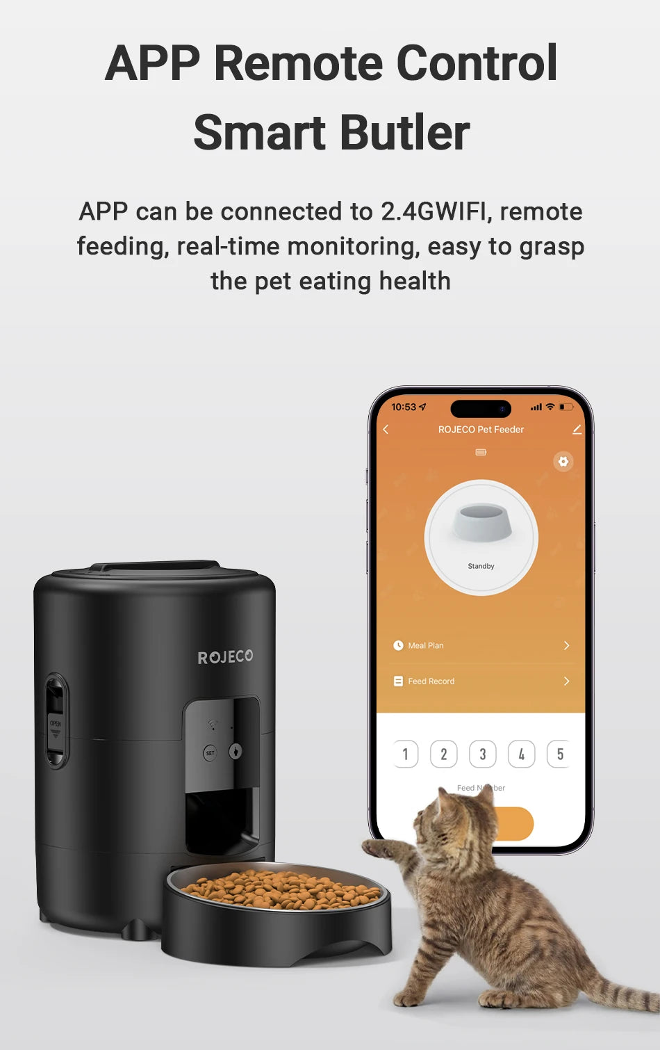 ROJECO Automatic Cat Feeder 2L Smart Dog Food Kibble Dispenser WiFi App Remote Control Timed Auto Pet Feeder For Puppy Kitten
