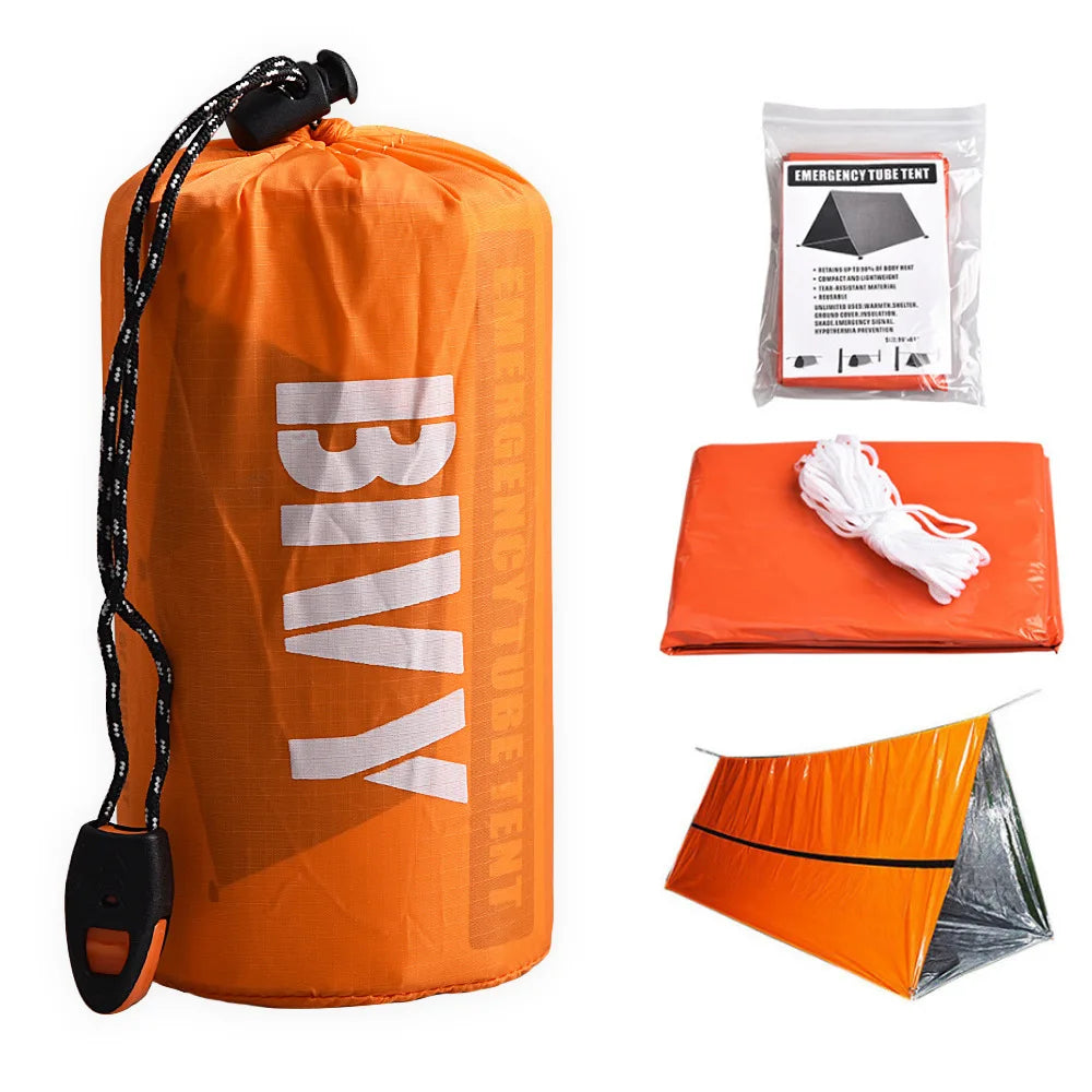 2-Person Emergency Survival Shelter Kit — Mylar Tube Tent, Sleeping Bag, SOS Thermal Blanket, Waterproof