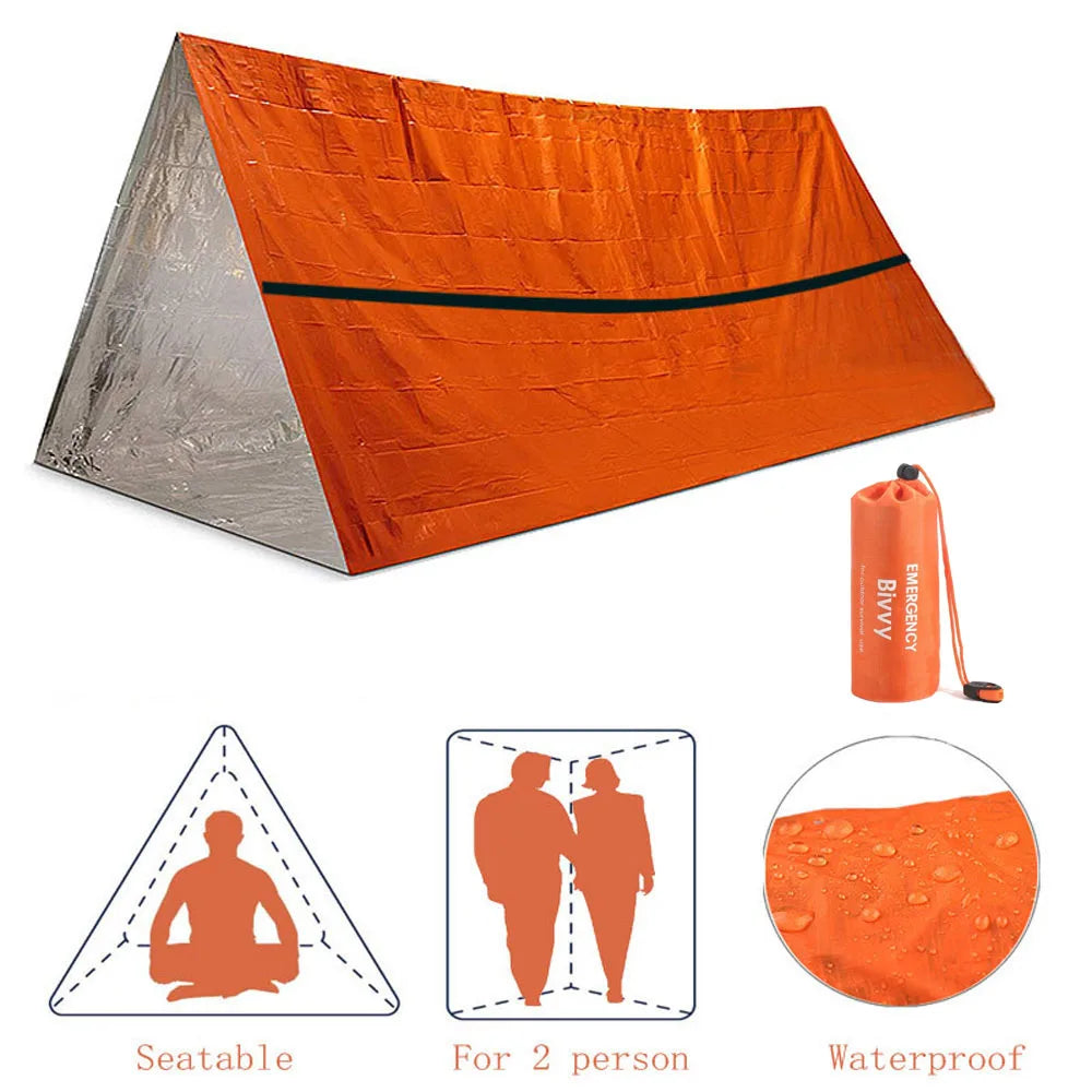 2-Person Emergency Survival Shelter Kit — Mylar Tube Tent, Sleeping Bag, SOS Thermal Blanket, Waterproof