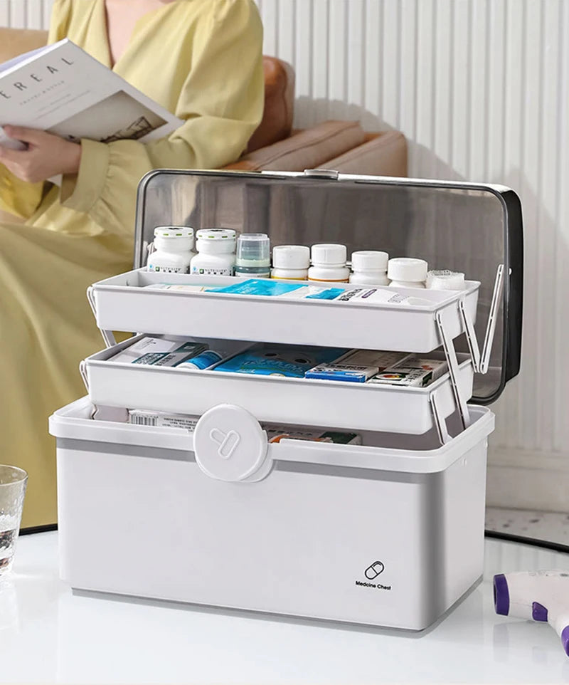 3-Layer Family Medicine Organizer Box — Large Capacity, Portable First Aid & Emergency Pharmacy Kit